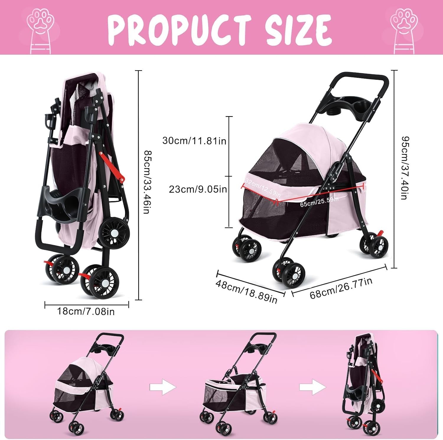 Pet Stroller Dogs & Cats 4 Wheel Foldable Travel Pram Brake Mesh
