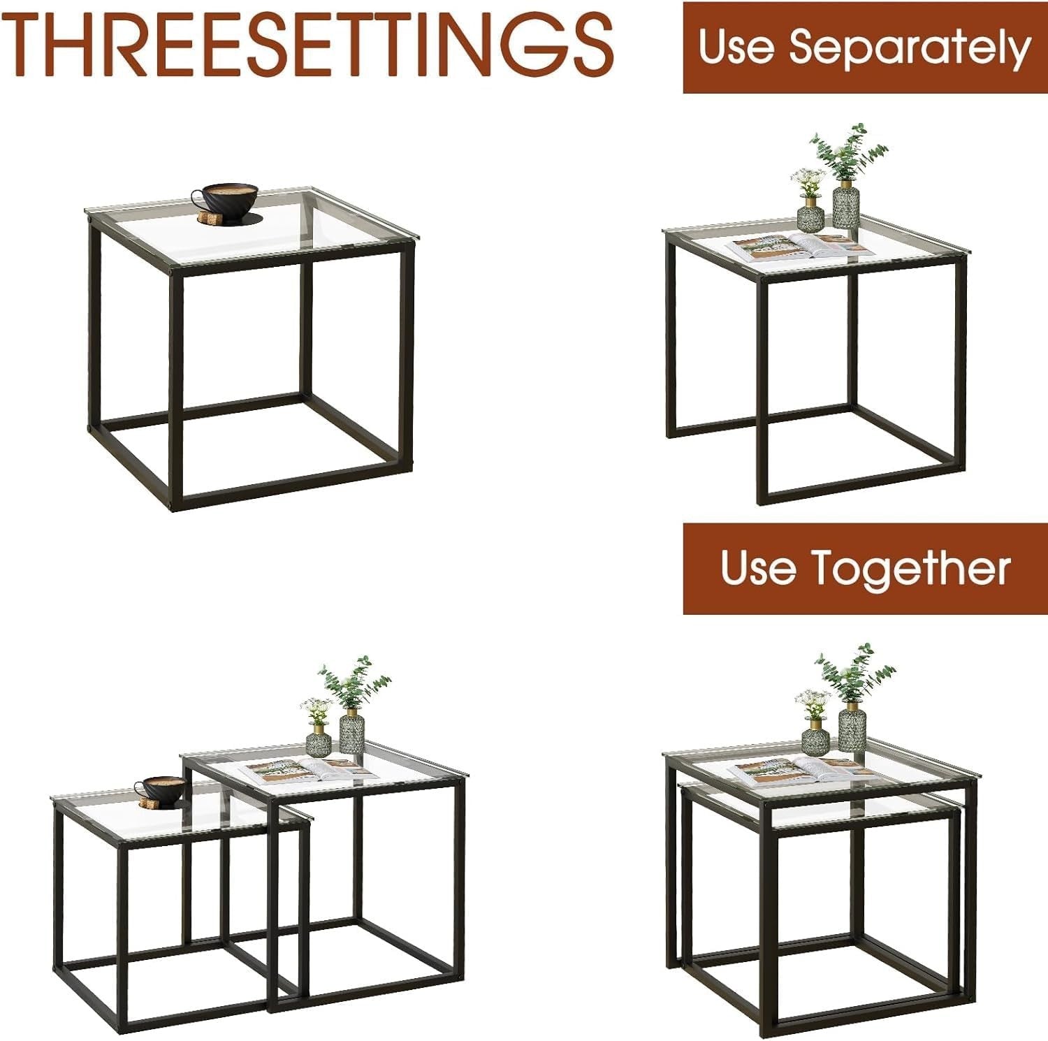 Modern Nesting Coffee Table Set Black Glass End Tables Metal Frame Square