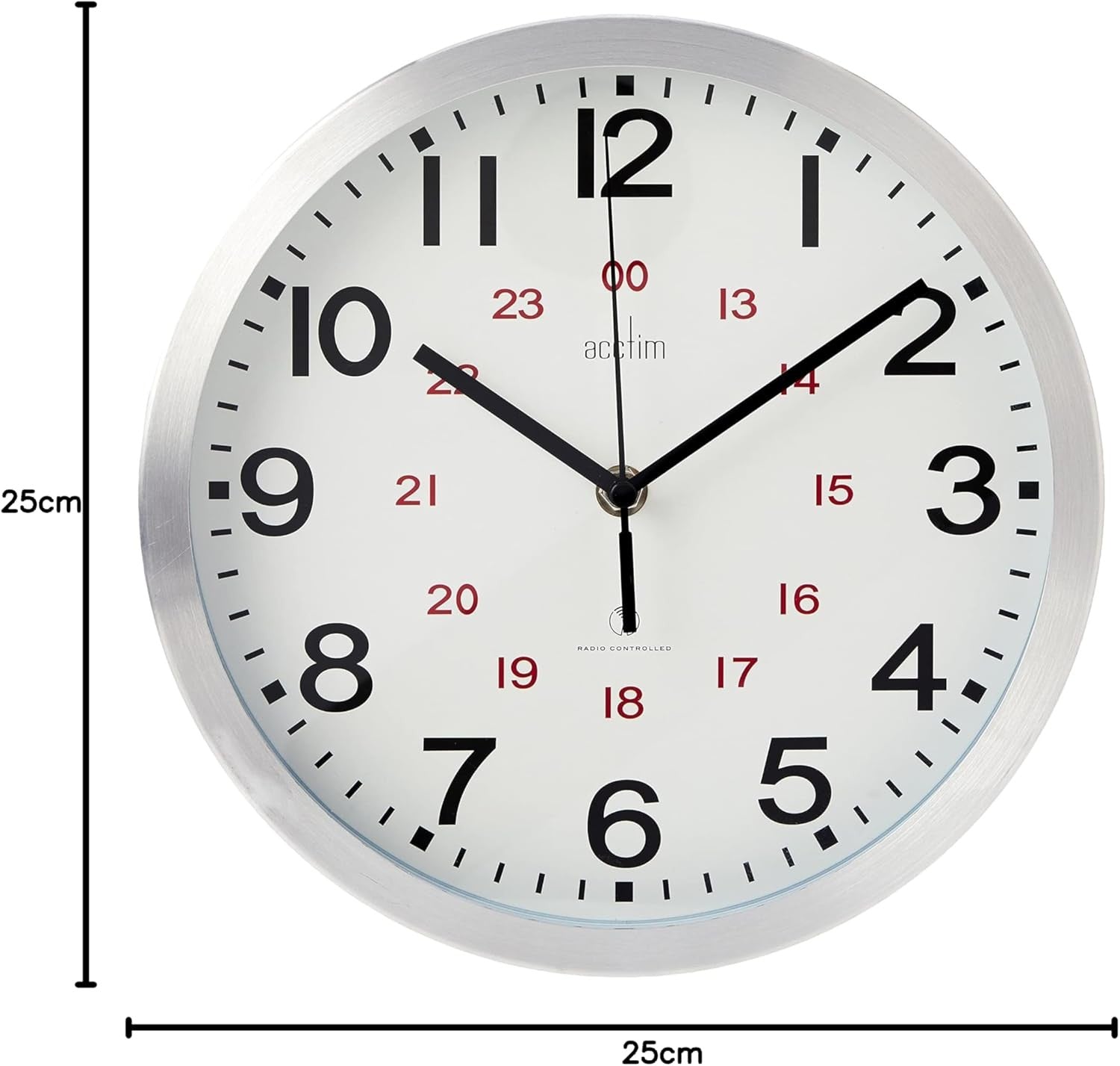 25cm Radio Controlled Wall Clock Aluminium Frame Silent Accurate Timekeeping