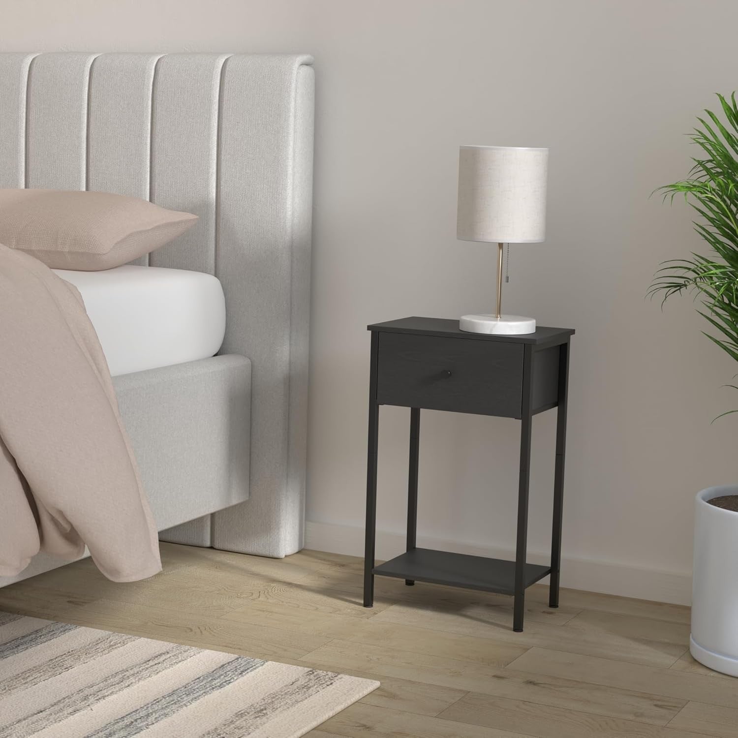 Set of 2 Tall Black Bedside Tables with Fabric Drawer & Storage Shelf