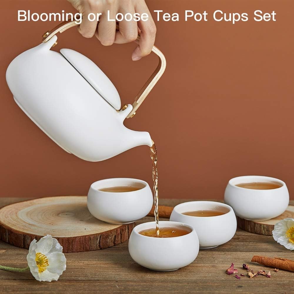 Japanese Tea Set 800ml Ceramic Teapot Infuser 4 Cups Matte White