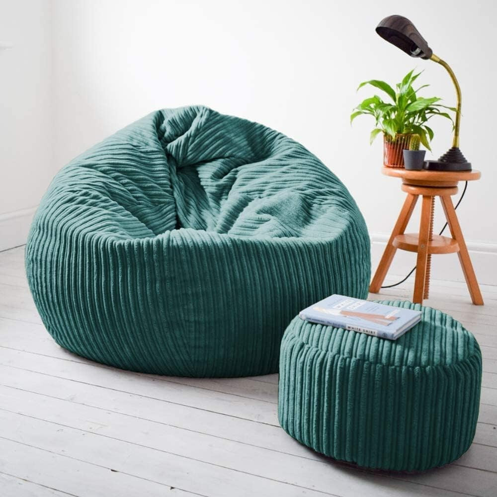 Large Corduroy Bean Bag Chair with Footstool – Soft Washable Seat UK
