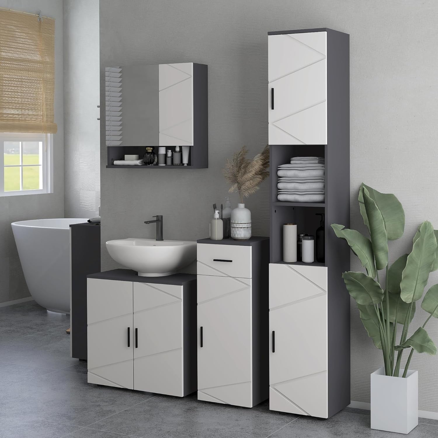 Light Grey Under Sink Bathroom Cabinet – 2 Door Vanity Unit with U Cut-Out