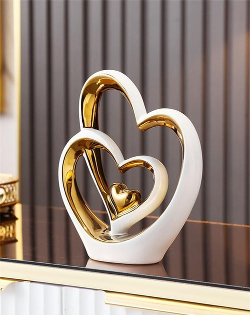 White Gold Double Heart Ceramic Sculpture Modern Luxury Home Decor Gift Ornament