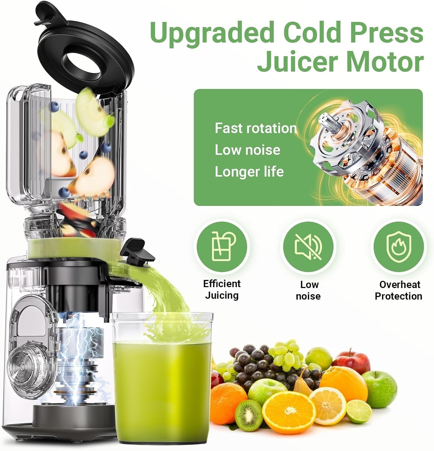 Cold Press Juicer 110mm Wide Chute Whole Fruit Slow High Yield Easy Clean