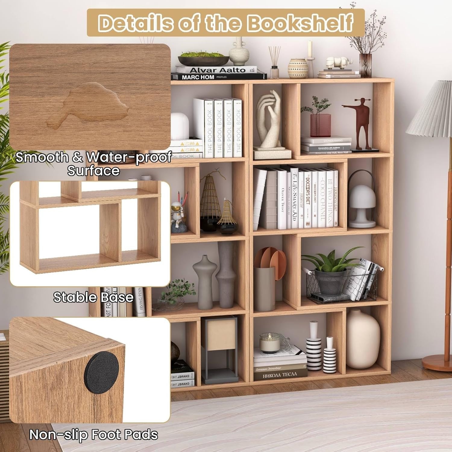 5-Tier White Geometric Bookcase Tall 8-Cube Storage Shelf for Home Office