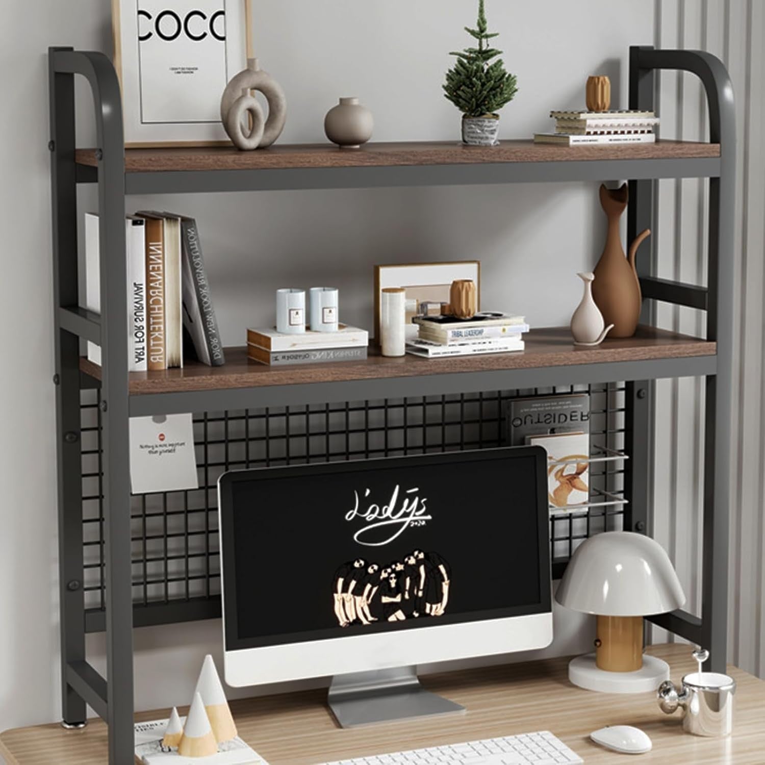 115cm 2-Tier Desktop Bookshelf Metal Wood Desk Hutch Organizer Storage Rack