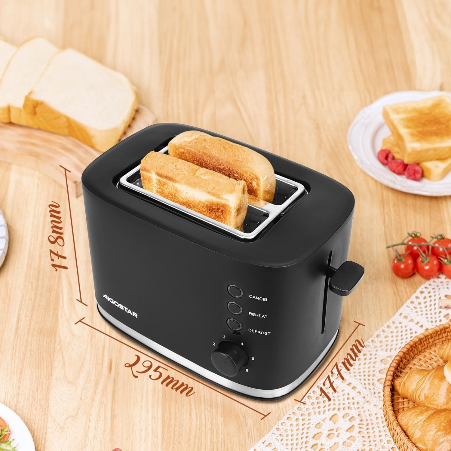 Wide Slot 2-Slice Toaster with Warming Rack, Adjustable Browning, 800W Black