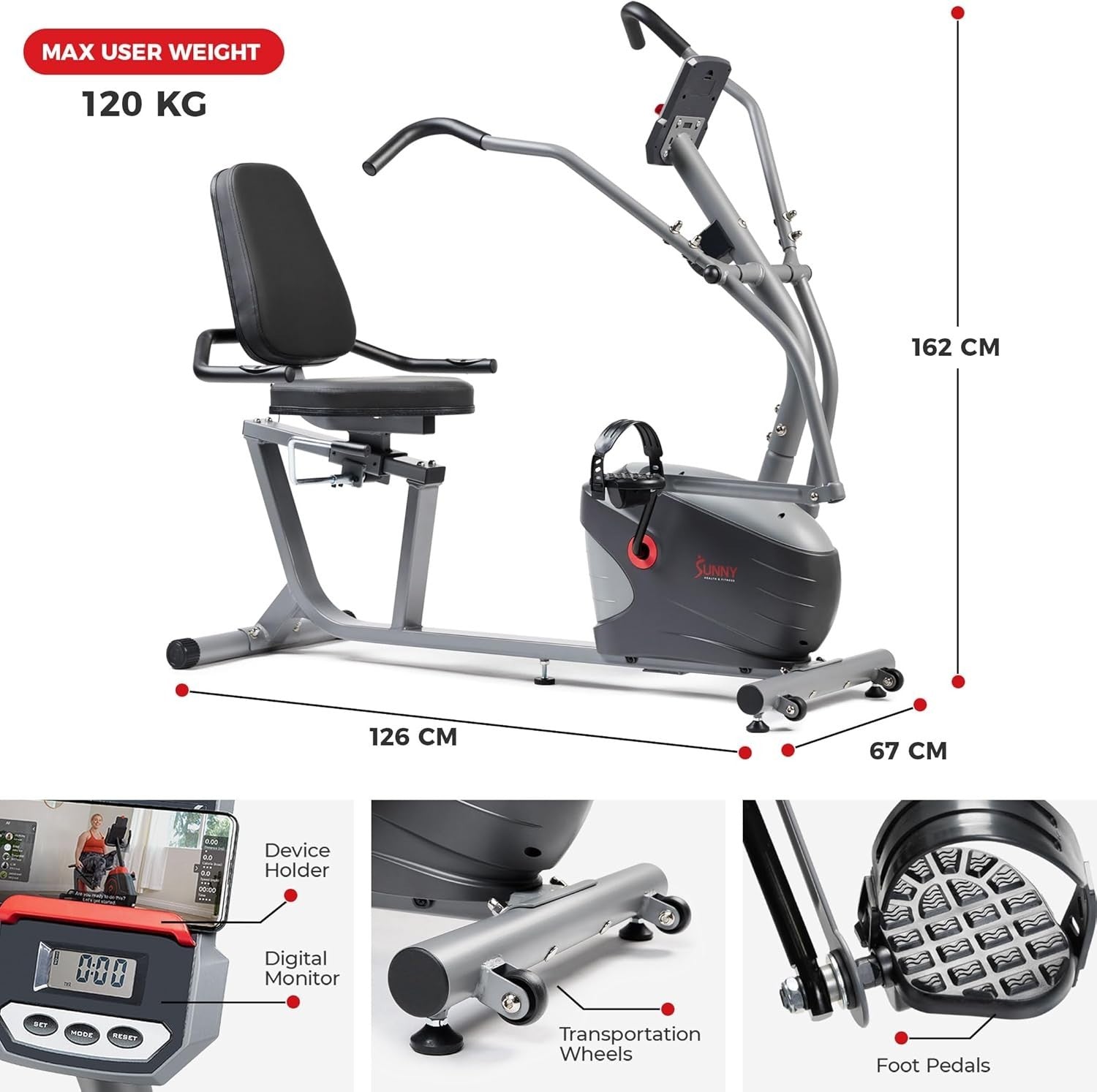 Recumbent Cross Trainer Bike Magnetic Bluetooth LCD Heart Rate Full Body Home