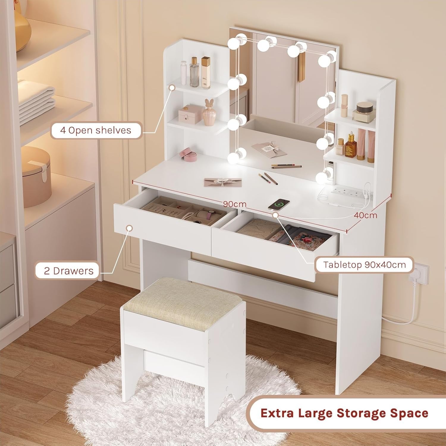 White Vanity Dressing Table Set Dimmable LED Mirror Power Strip 2 Drawers Storag