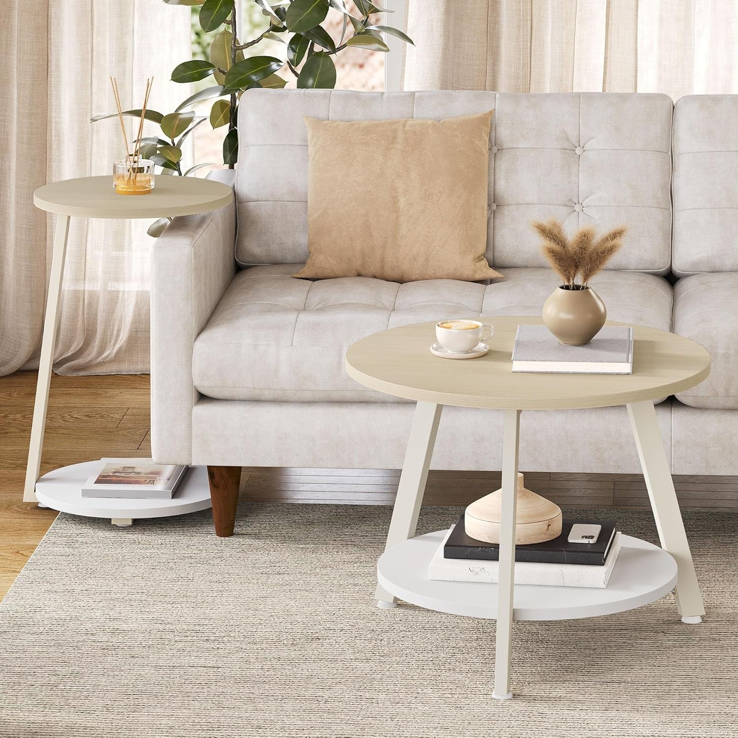 Round Nesting Coffee Table Set 2, Oak White Modern End Side Accent Tables