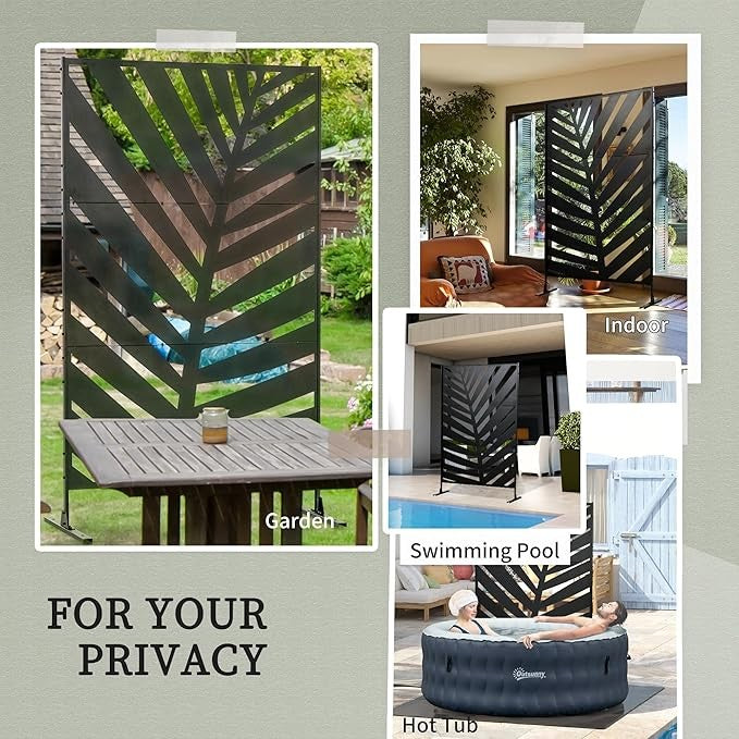 6.5FT Black Metal Garden Privacy Screen Banana Leaf Outdoor Divider Fence