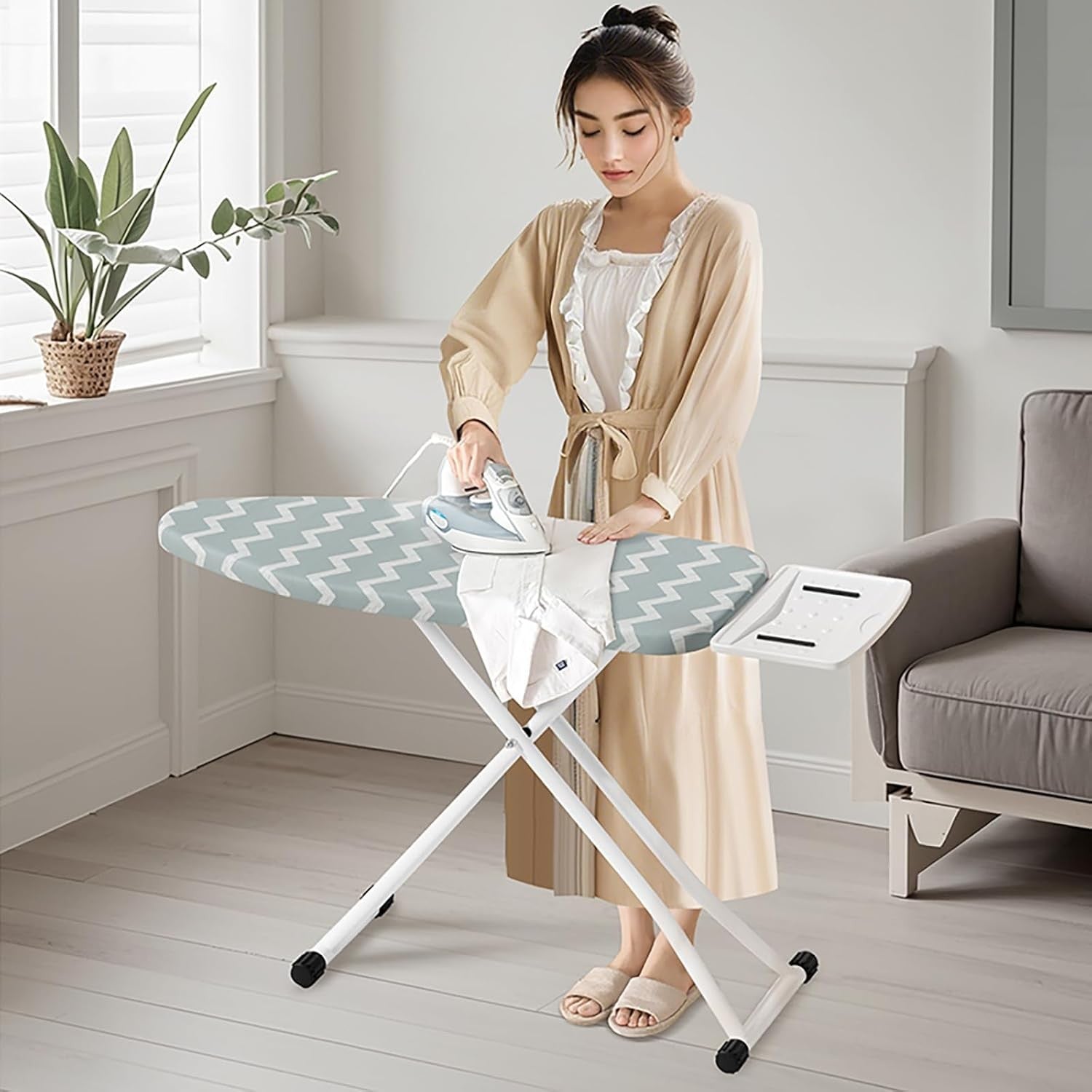 Adjustable Folding Ironing Board Blue Waves Compact Steel Frame with Iron Rest