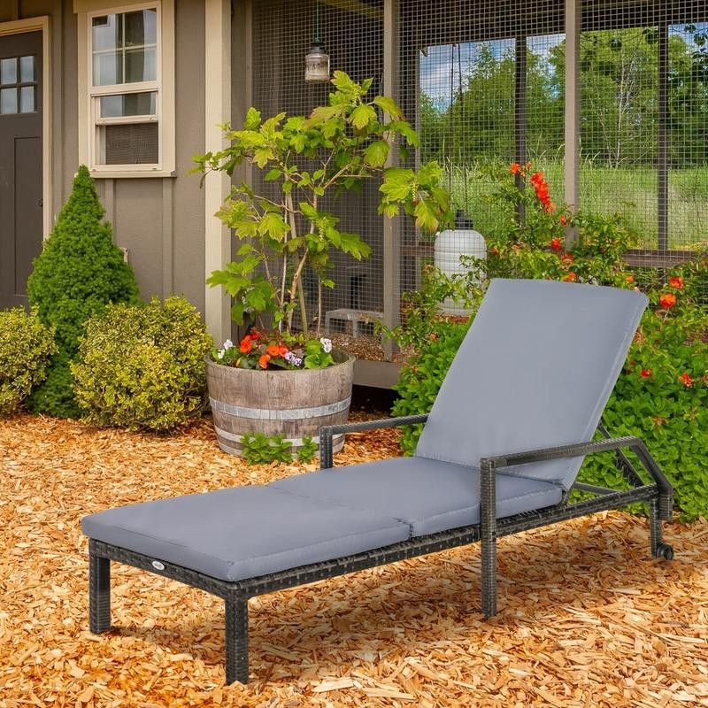Rattan Outdoor Recliner Sun Lounger Chair Wheels 5-Level Backrest Patio