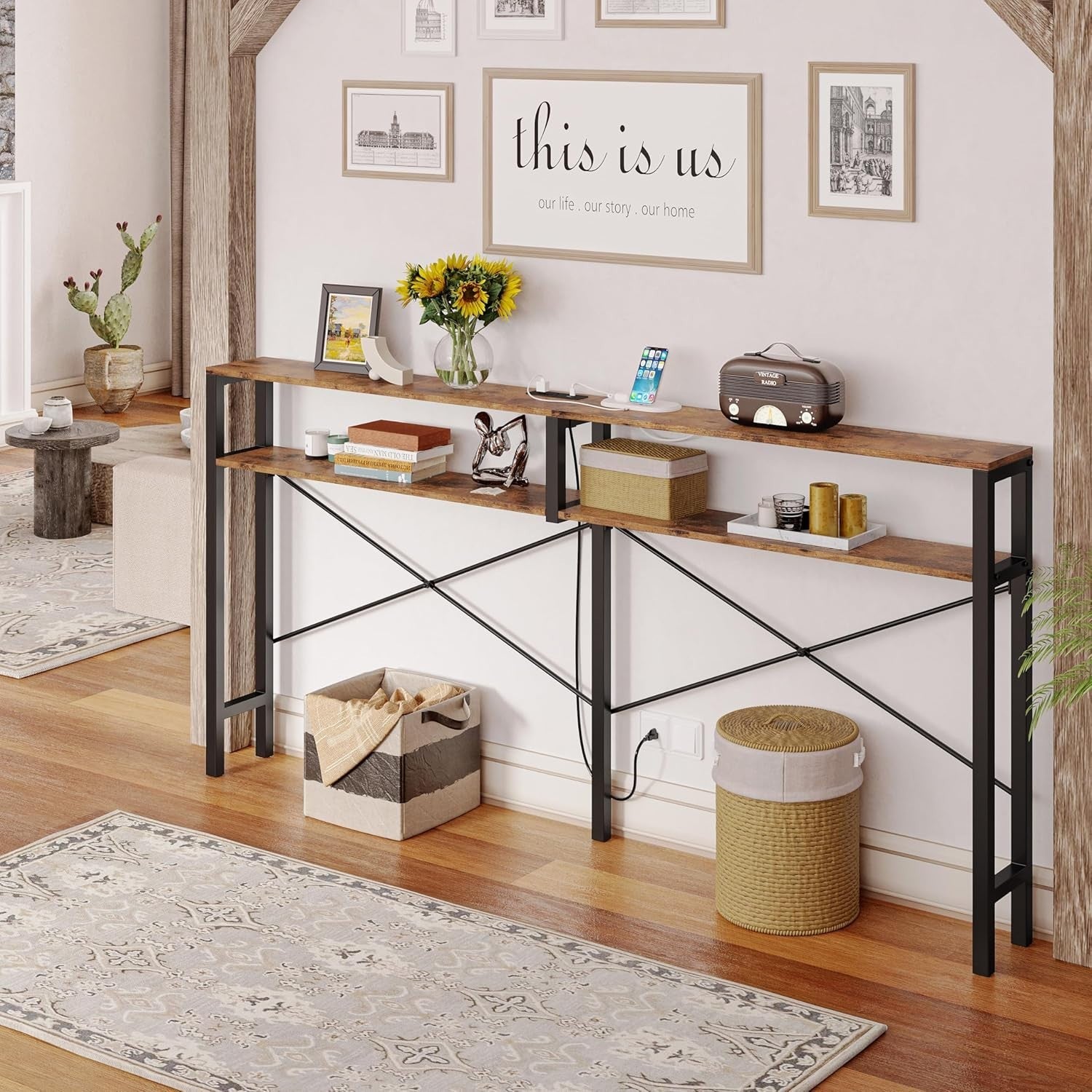 Slim Console Table with Power Outlets & USB, Space-Saving Sofa Table, 180cm