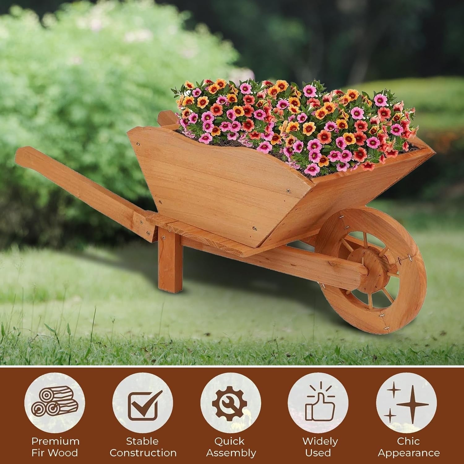 Large Wooden Garden Wheelbarrow Planter – Rustic Brown Design w/ Handles & Wheel