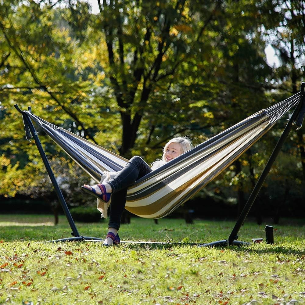 Double Cotton Hammock with Stand – 280cm 2 Person Adjustable Frame, Garden Bed