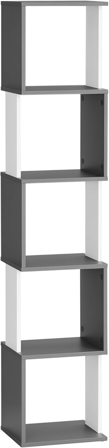 Modern 5-Tier Bookcase Storage Unit with Open Shelves – White & Grey