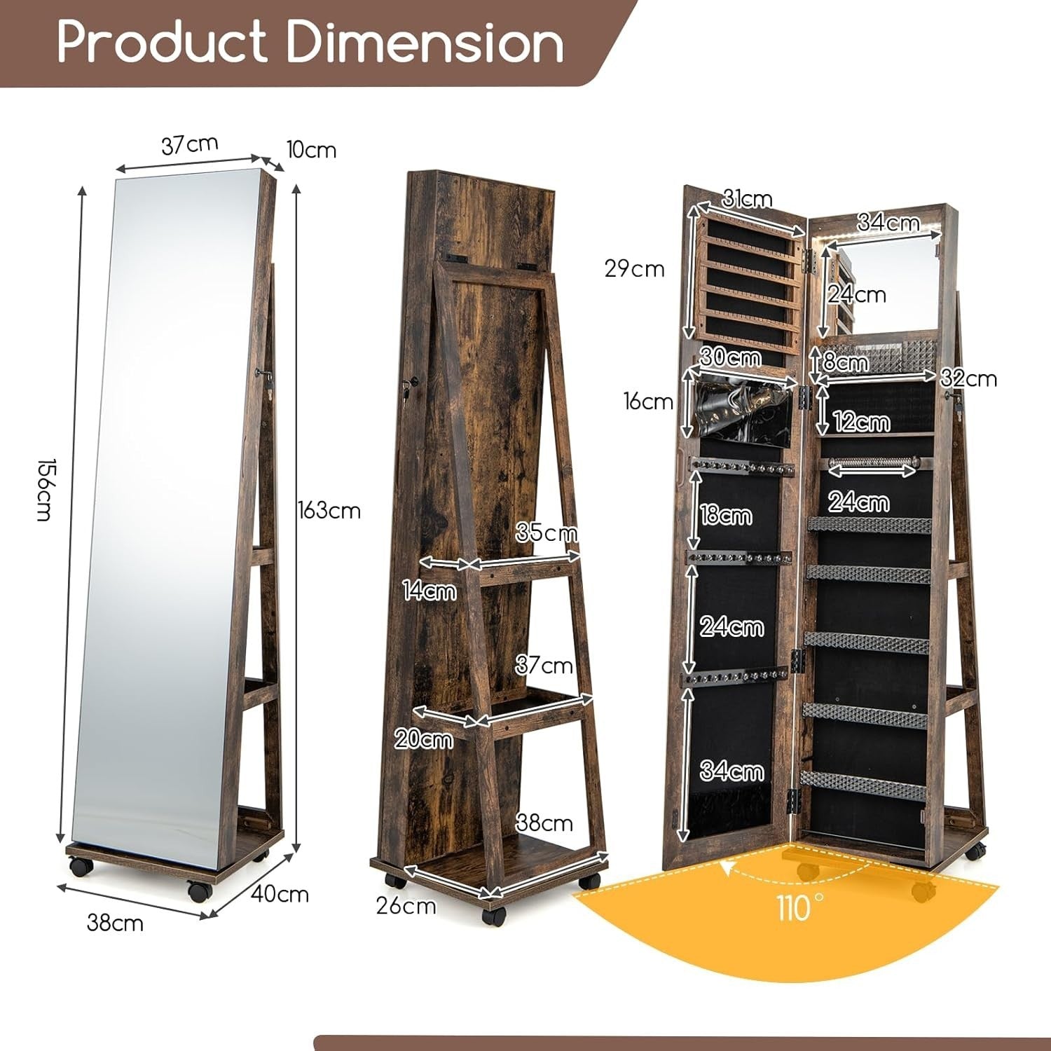 Coffee LED Jewelry Cabinet Mirror Lockable Rolling Storage Organizer