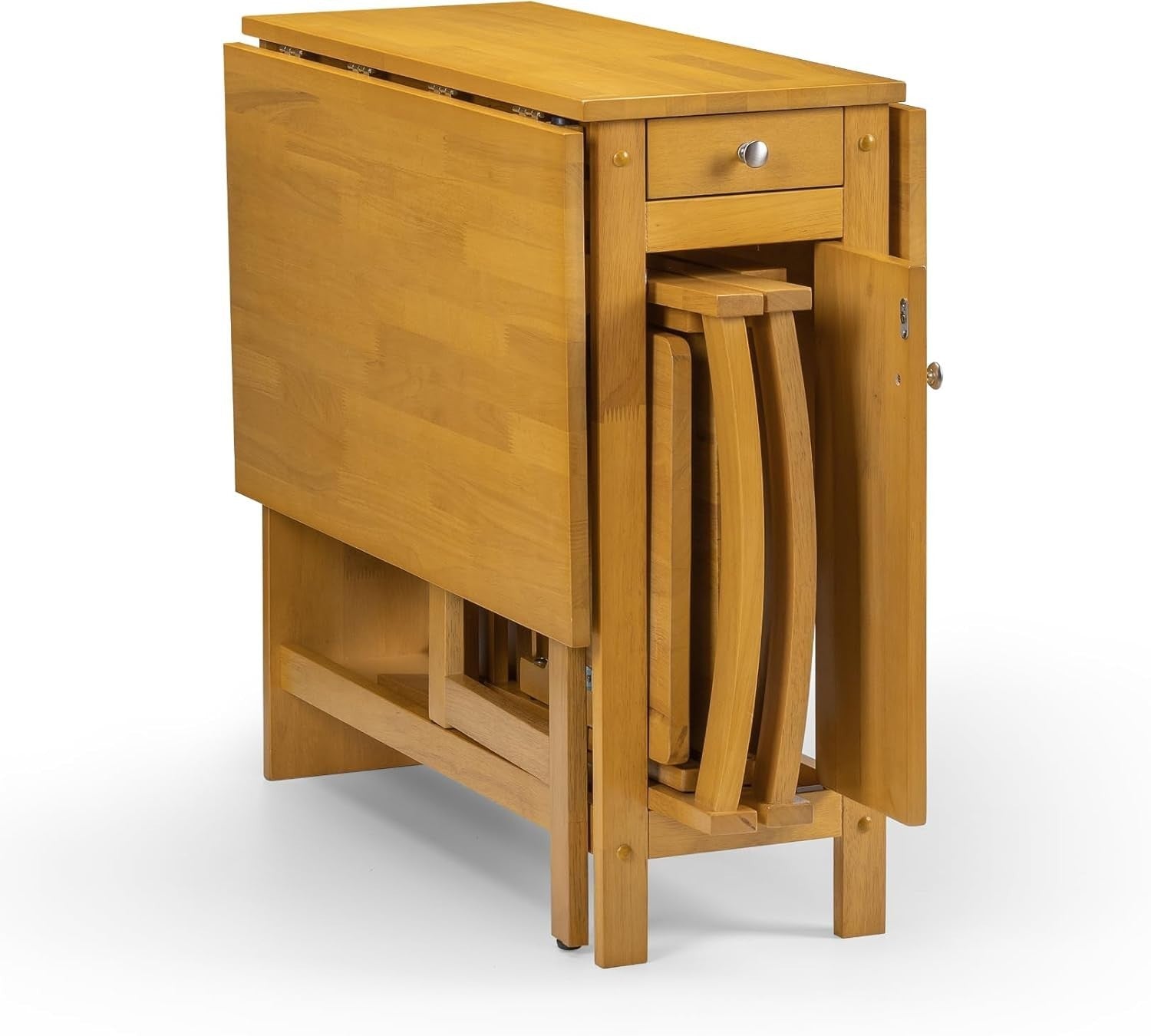 Compact Dining Table Set with Storage Drawer Foldable Chairs Light Oak
