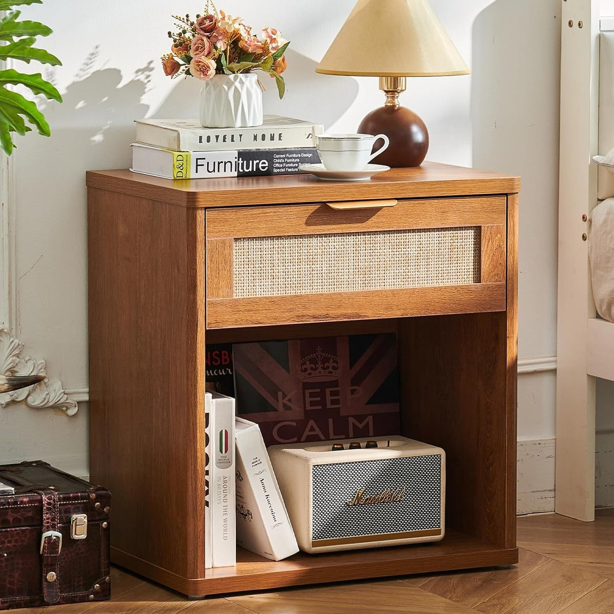 Wide Rattan Bedside Table Nightstand with Drawer Boho Wood