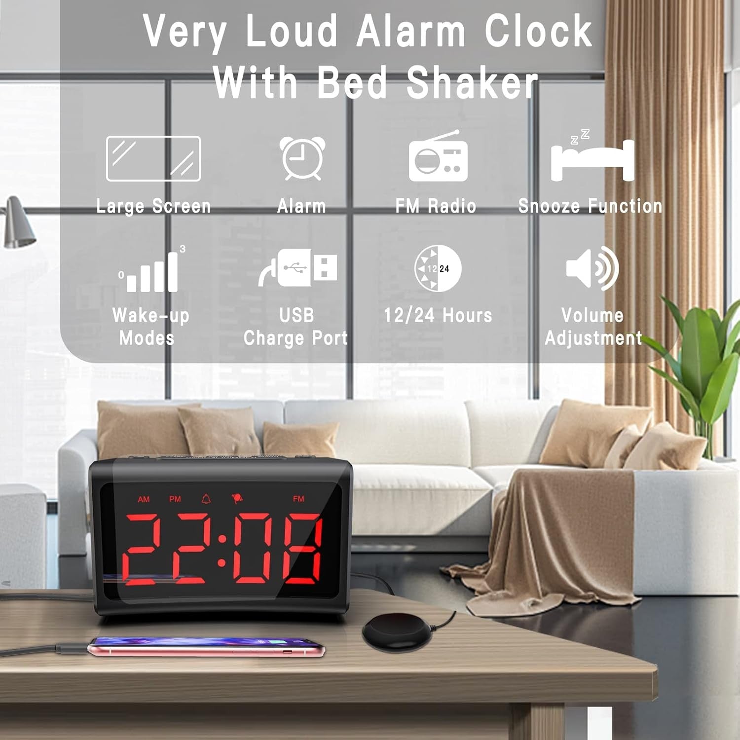 Vibrating Alarm Clock Bed Shaker Projection FM Radio Loud Dual Alarm