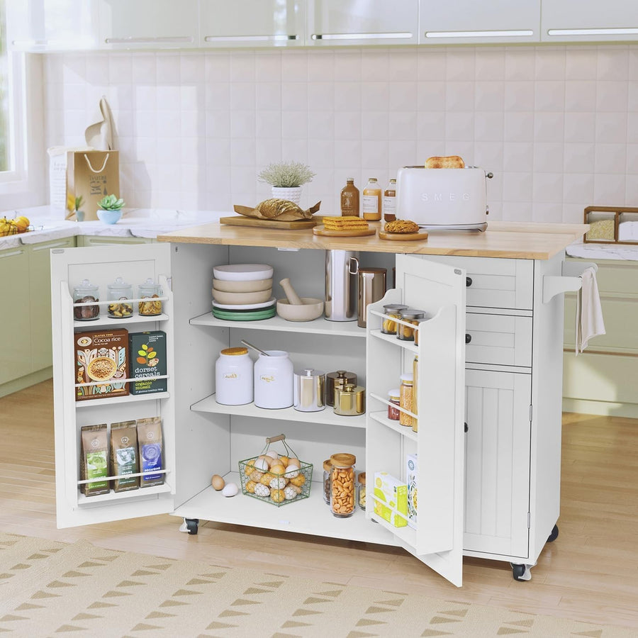 White Rolling Kitchen Island Cart Drop Leaf 128cm Storage