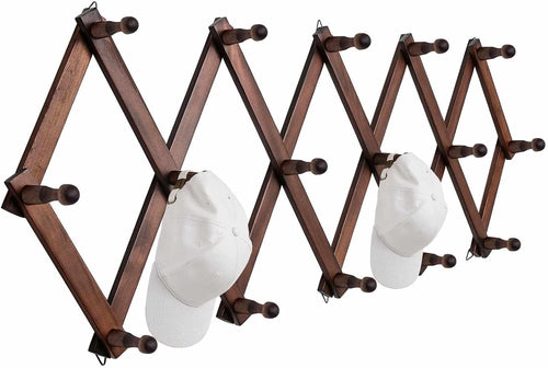 Expandable Wooden Wall Hat Rack 16 Hooks Rustic Foldable Coat Hanger Stand