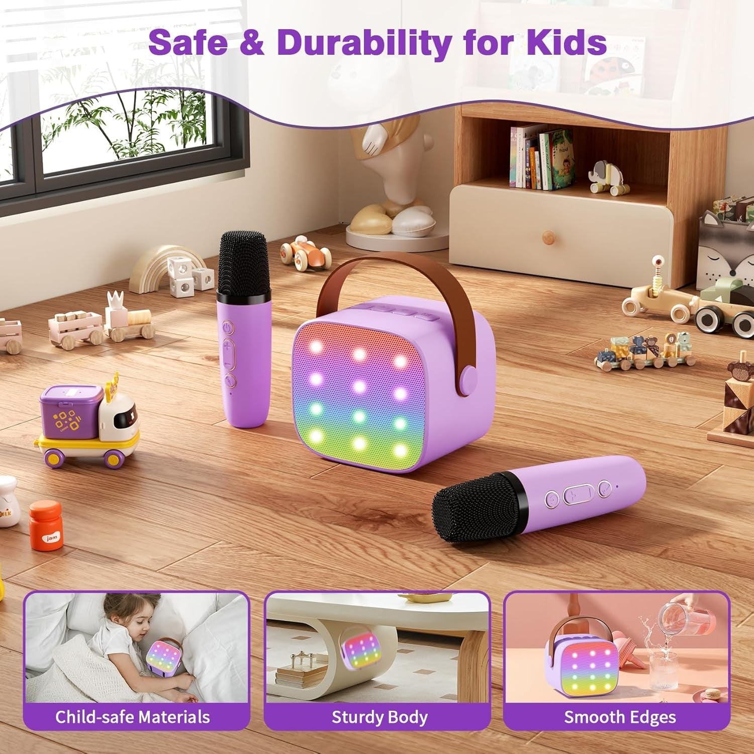 Kids Mini Karaoke Machine 2 Wireless Mics Bluetooth LED