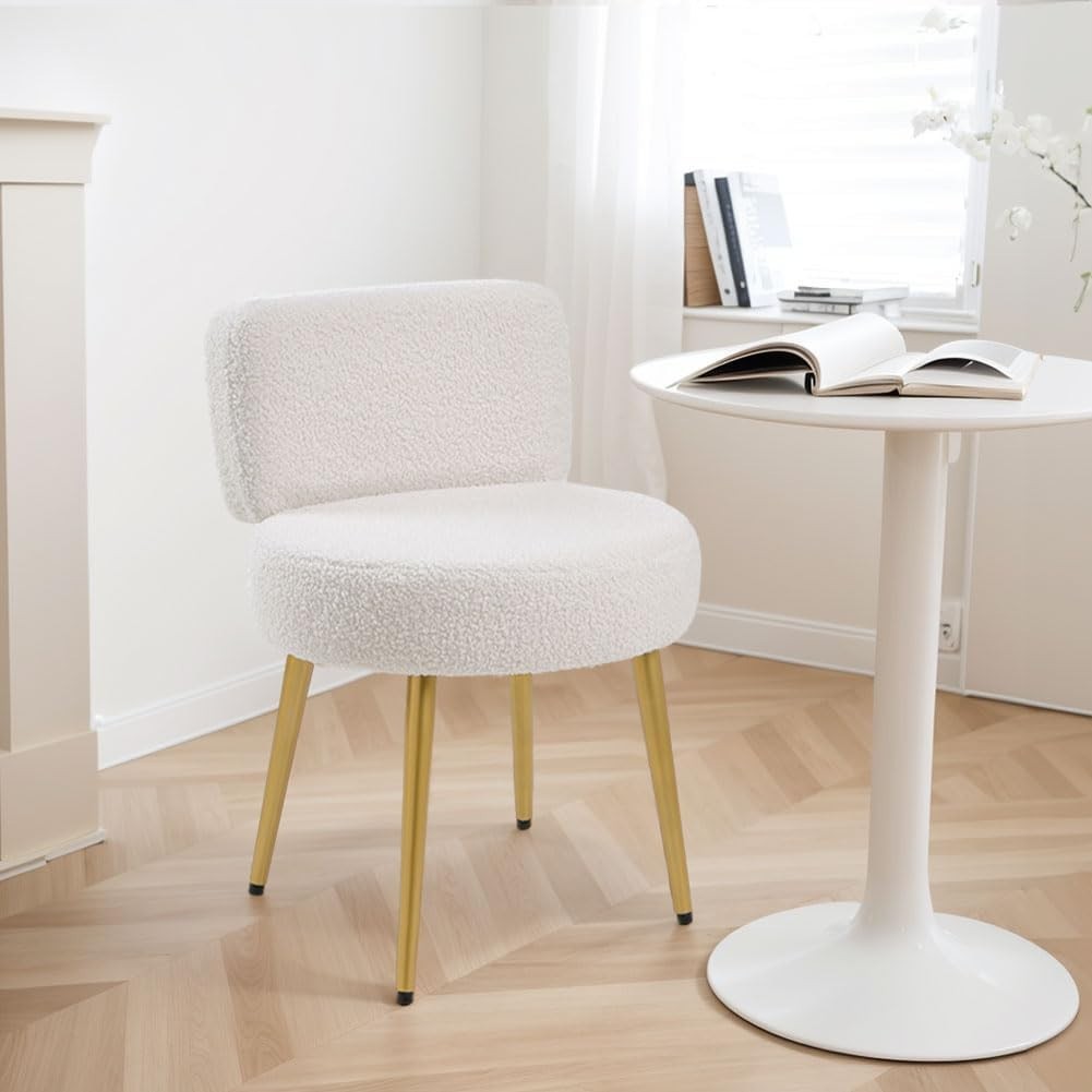 White Teddy Velvet Vanity Stool with Gold Legs – Tufted Back Dressing Chair