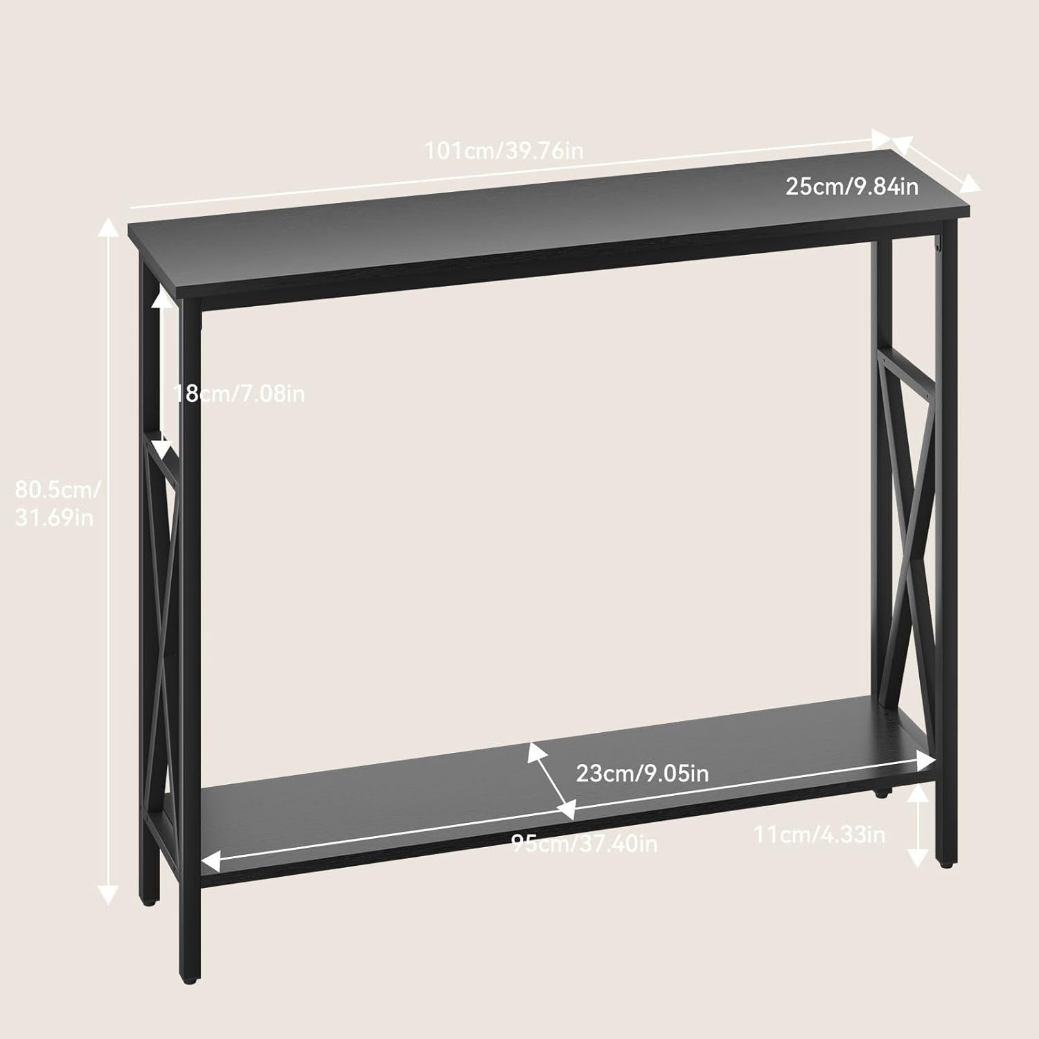 Industrial Console Table with Adjustable Feet, Metal Frame & Shelves for Small