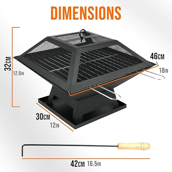 3in1 Outdoor Fire Pit BBQ Grill Patio Heater Metal Square Garden Brazier