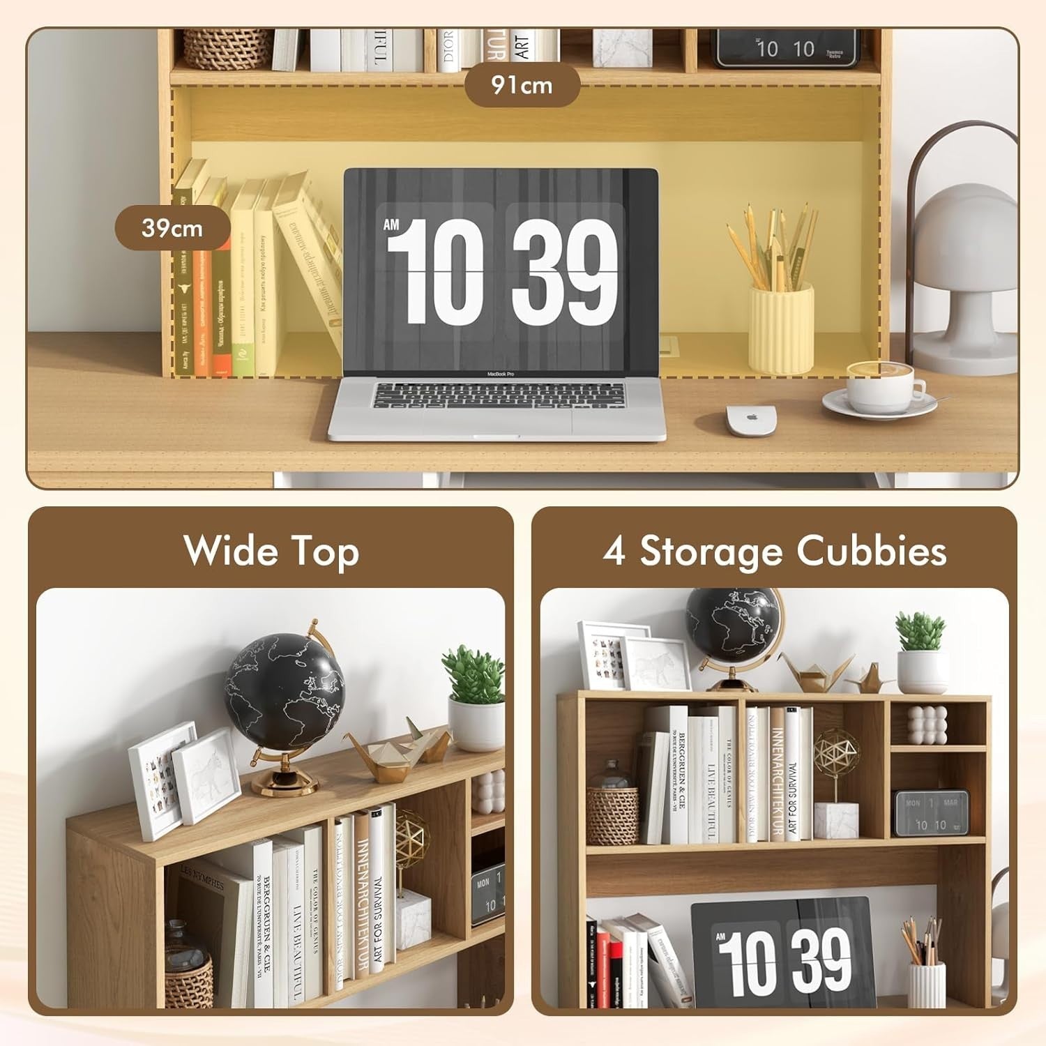 Natural Desktop Bookshelf Hutch 4-Shelf Countertop Storage Rack Monitor