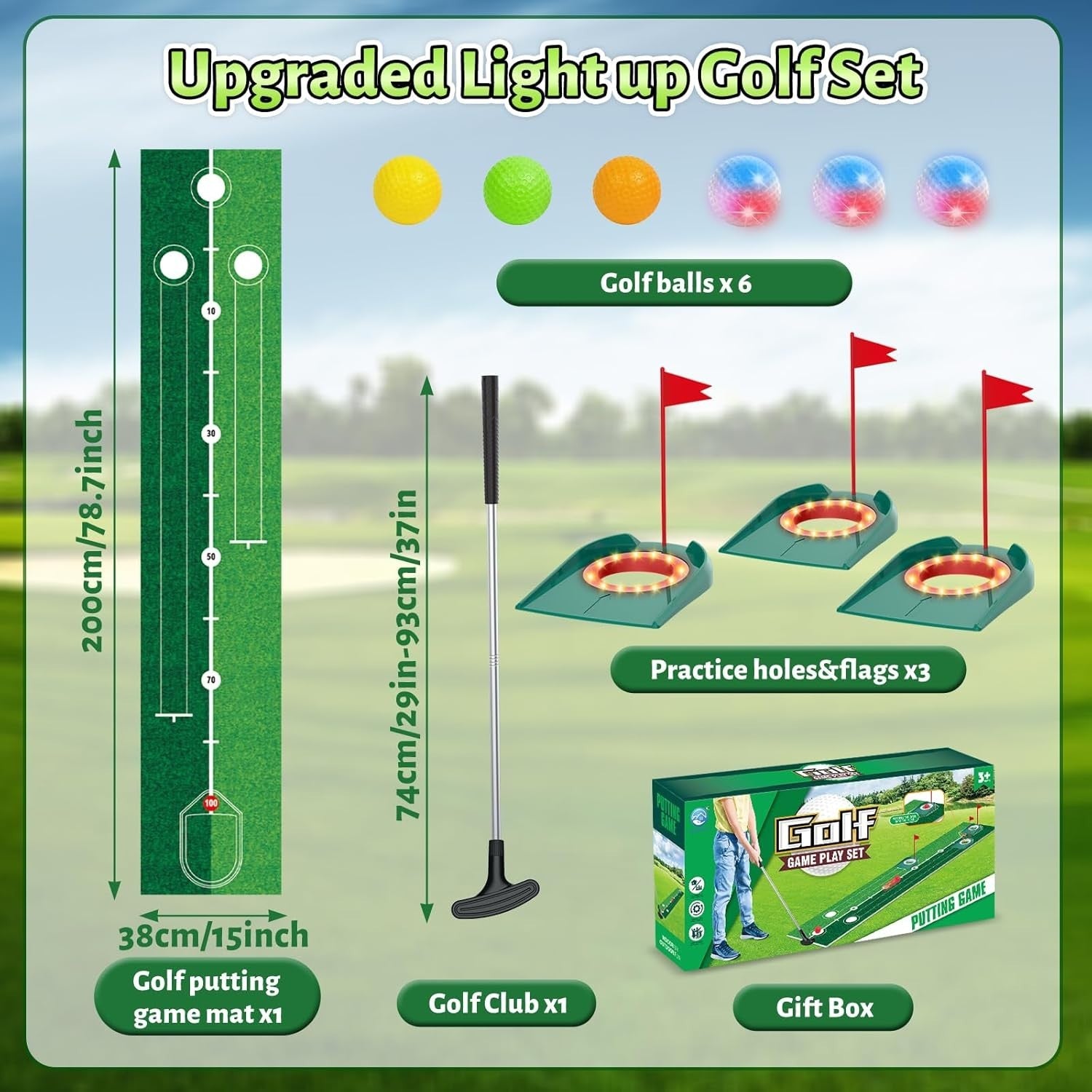 Kids Golf Putting Set Light Up Mat Indoor Outdoor Golf Game w Balls