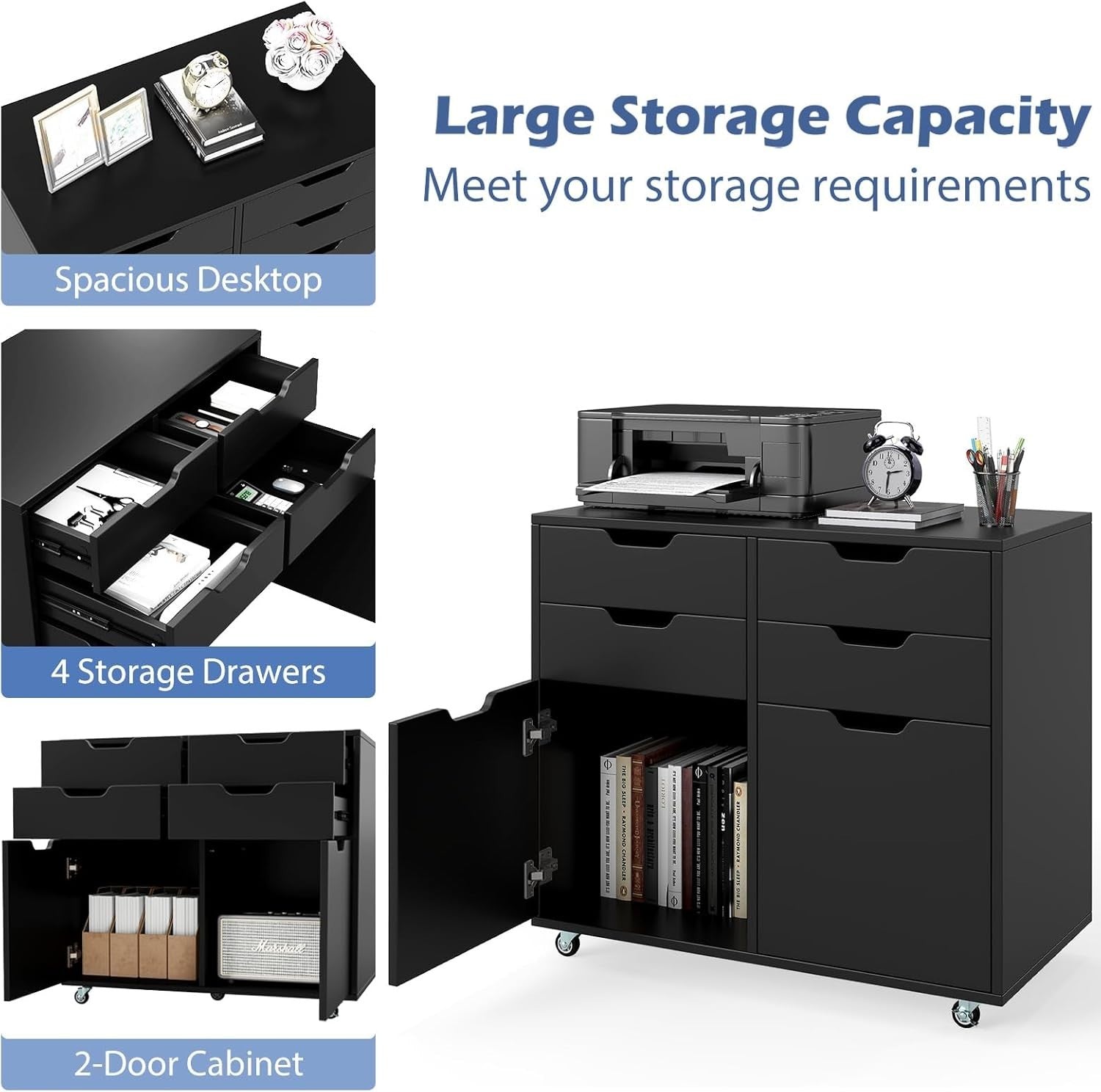 Black Mobile File Cabinet 4 Drawer 2 Door Rolling Printer Stand