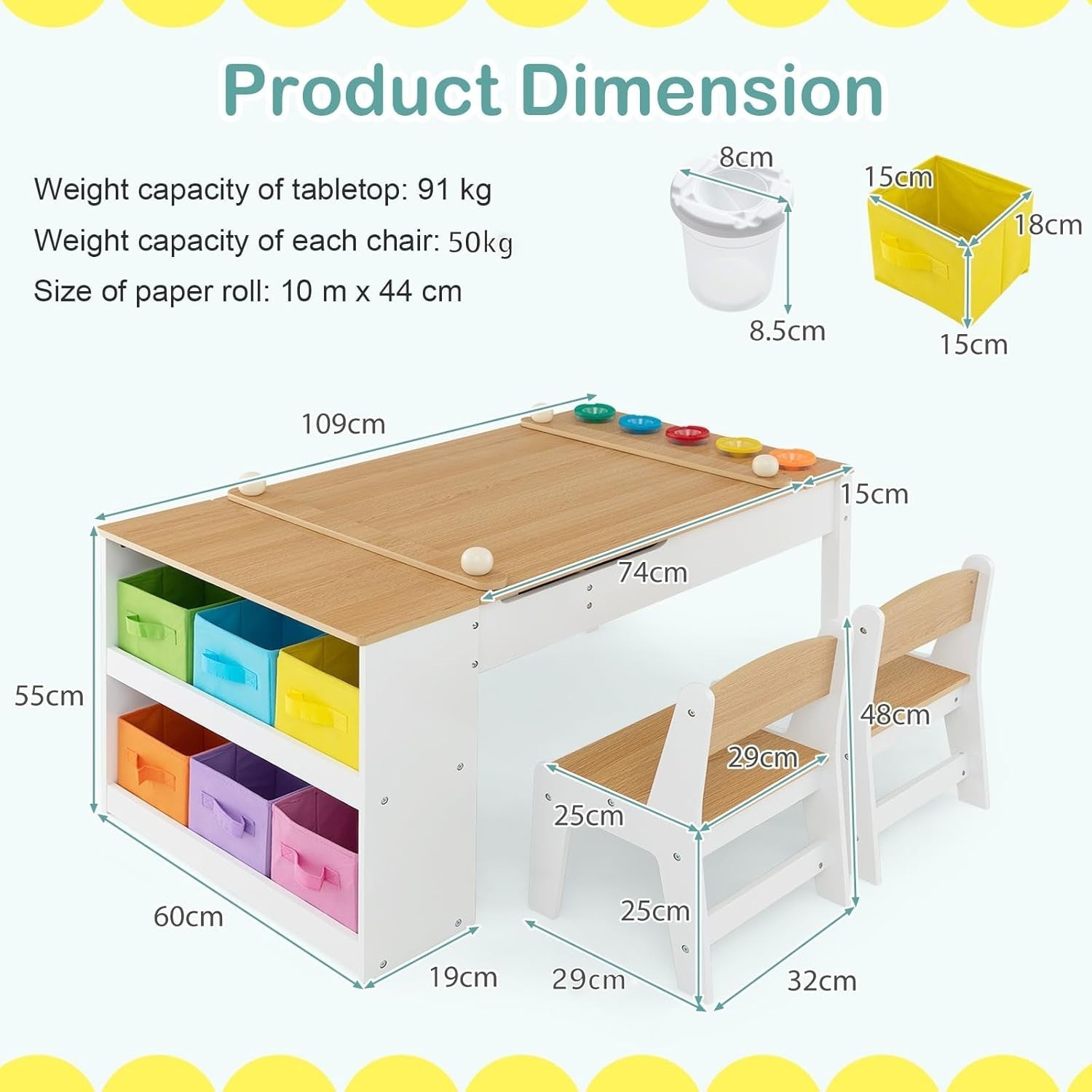 Wooden Kids Art Table & Chair Set w/ Easel, Storage Bins & Paint Cups 109cm