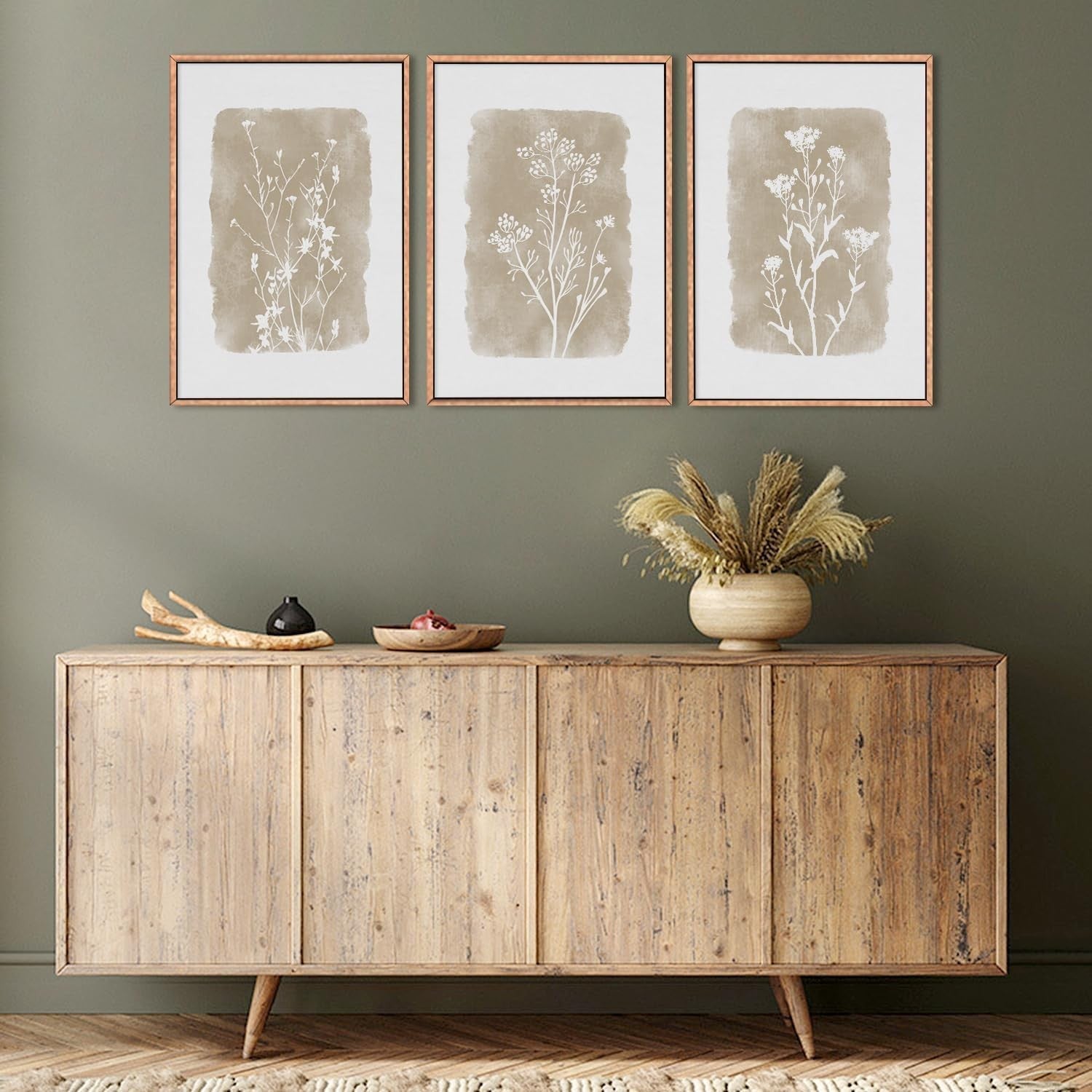 Botanical Farmhouse Framed Canvas Wall Art Set 3 Neutral Floral Home Decor
