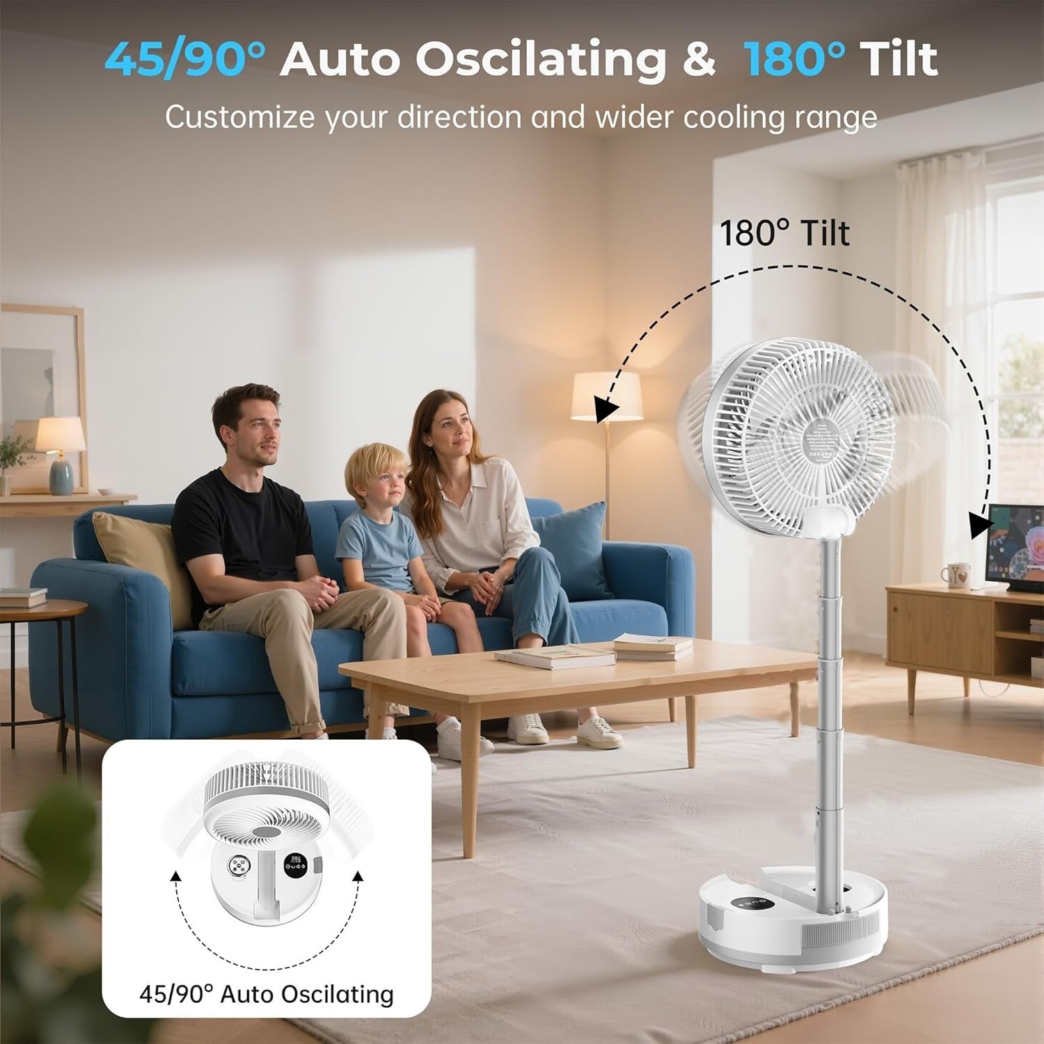 Rechargeable 40000mAh Foldable Floor Fan – 9-Speed Quiet Oscillating Fan White