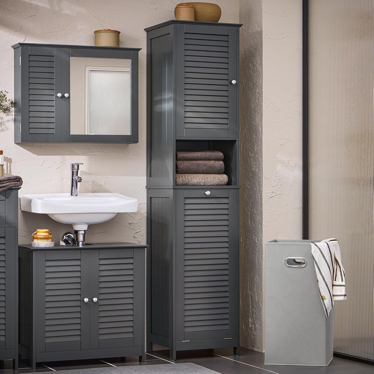 Tall Bathroom Storage Cabinet with Laundry Basket Slim Freestanding Unit Grey