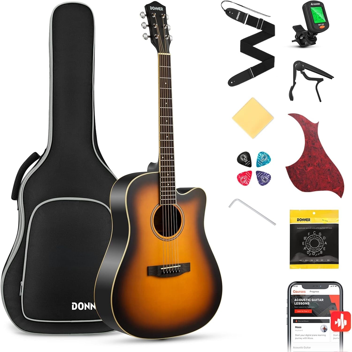 Full Size 4/4 Cutaway Acoustic Guitar Starter Kit w/ Bag Tuner