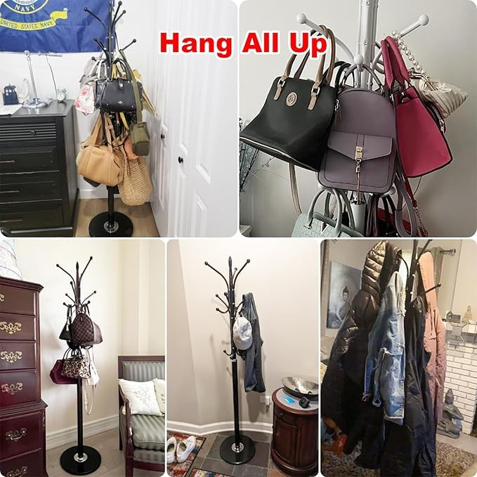 Black Metal Coat Rack Stand with Marble Base 12 Hooks Hall Tree for Entryway