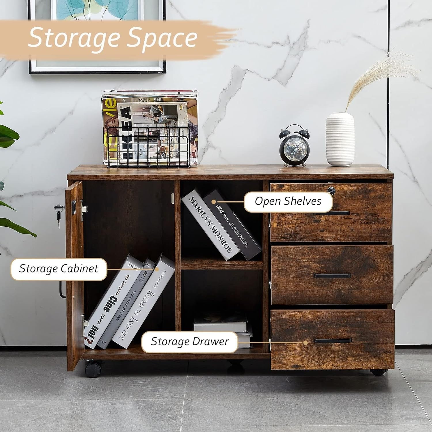 Large Rolling File Cabinet Locking Drawers Printer Stand Open Shelf Storage