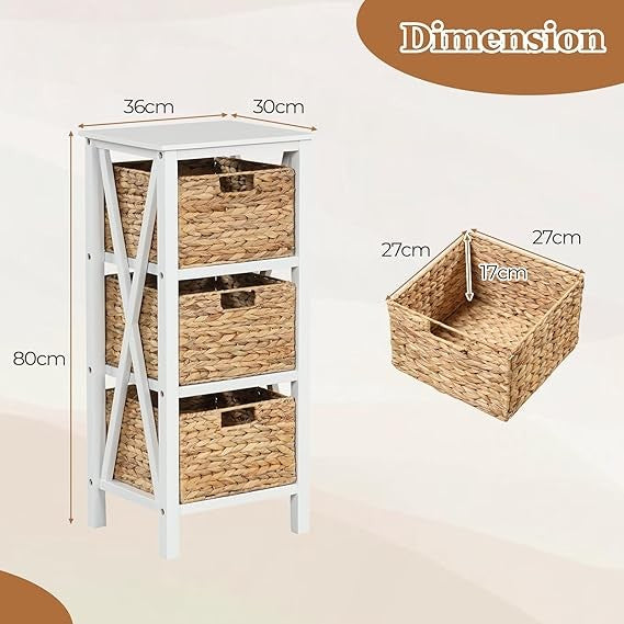 White Wooden Bedside Table with 3 Seagrass Baskets | Tall Rustic Narrow