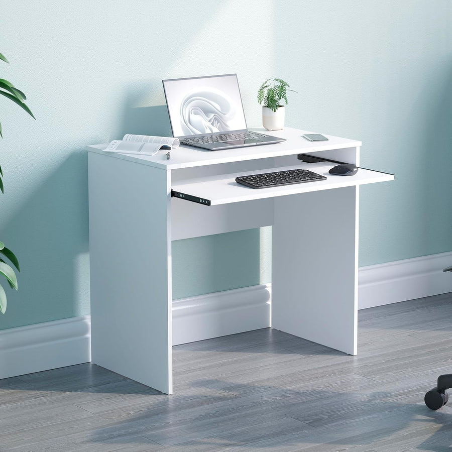Small Computer Desk with Keyboard Tray Compact PC Laptop Table White