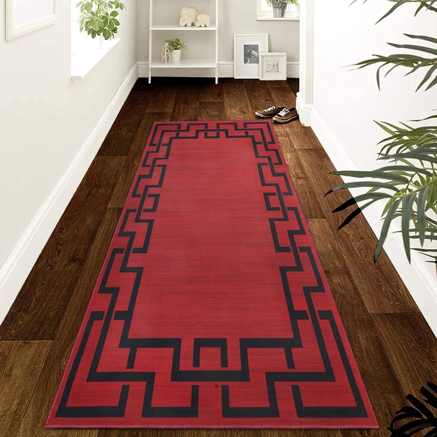 Red Runner Rug 80x300cm Greek Key Design Soft Touch Non-Slip Hallway Carpet