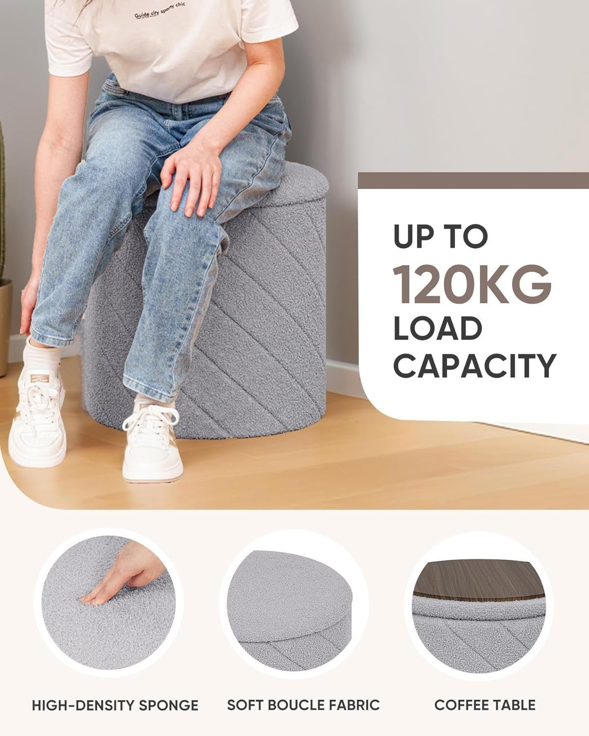 Grey Boucle Round Storage Ottoman Stool Footrest Vanity Seat