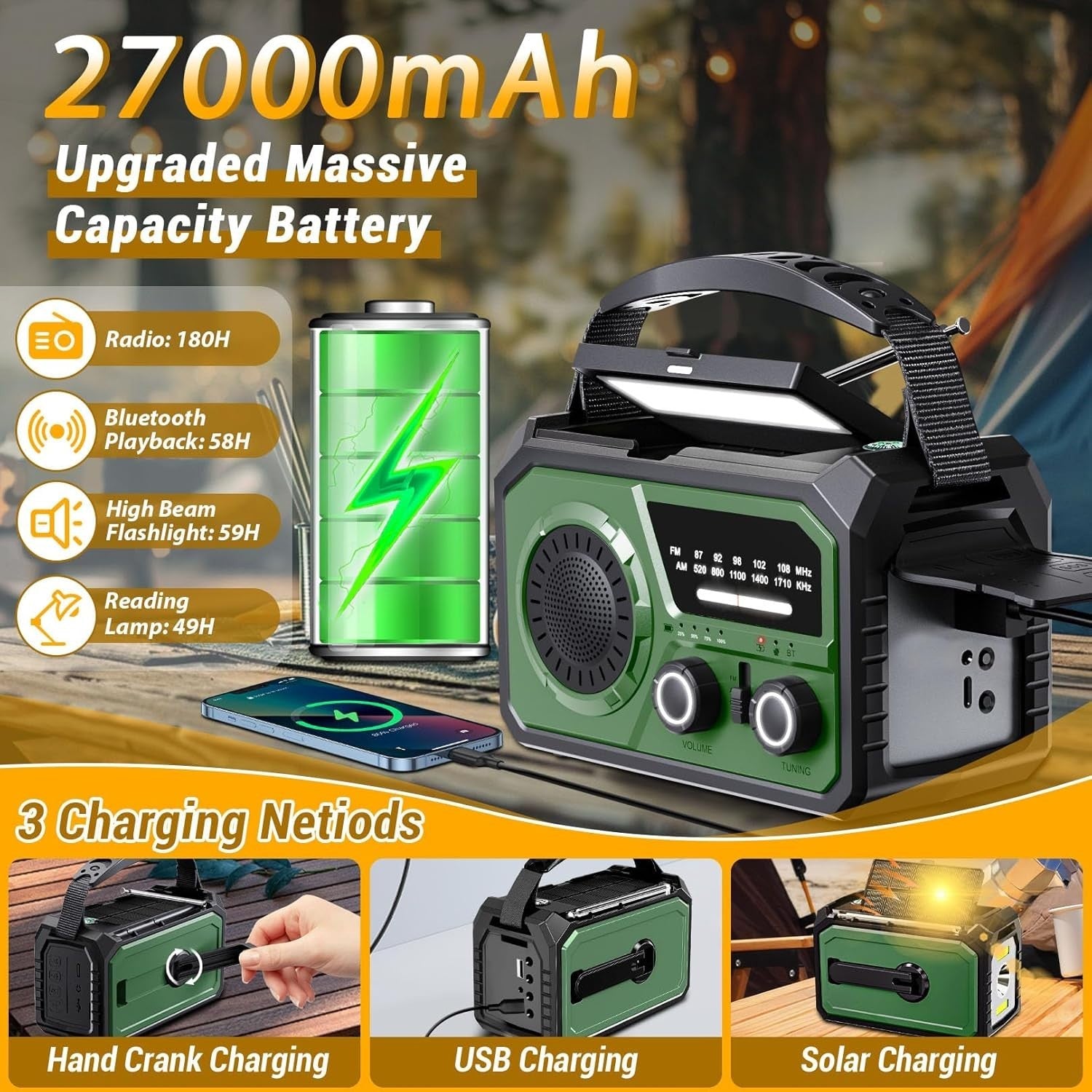 Emergency Wind Up Solar Radio 27000mAh Power Bank AM/FM Torch Army Green
