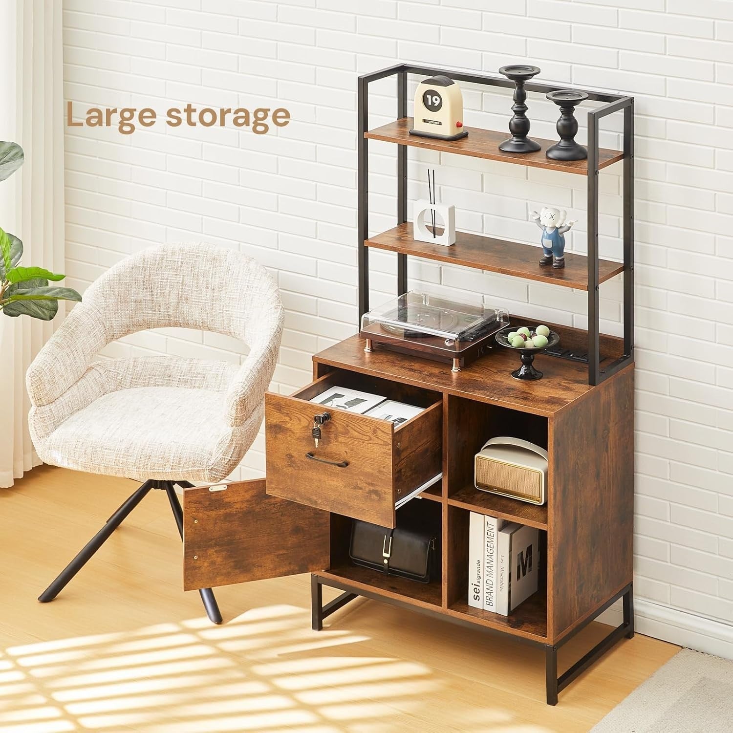 Lockable Filing Cabinet with Charging Station Printer Stand Office Brown