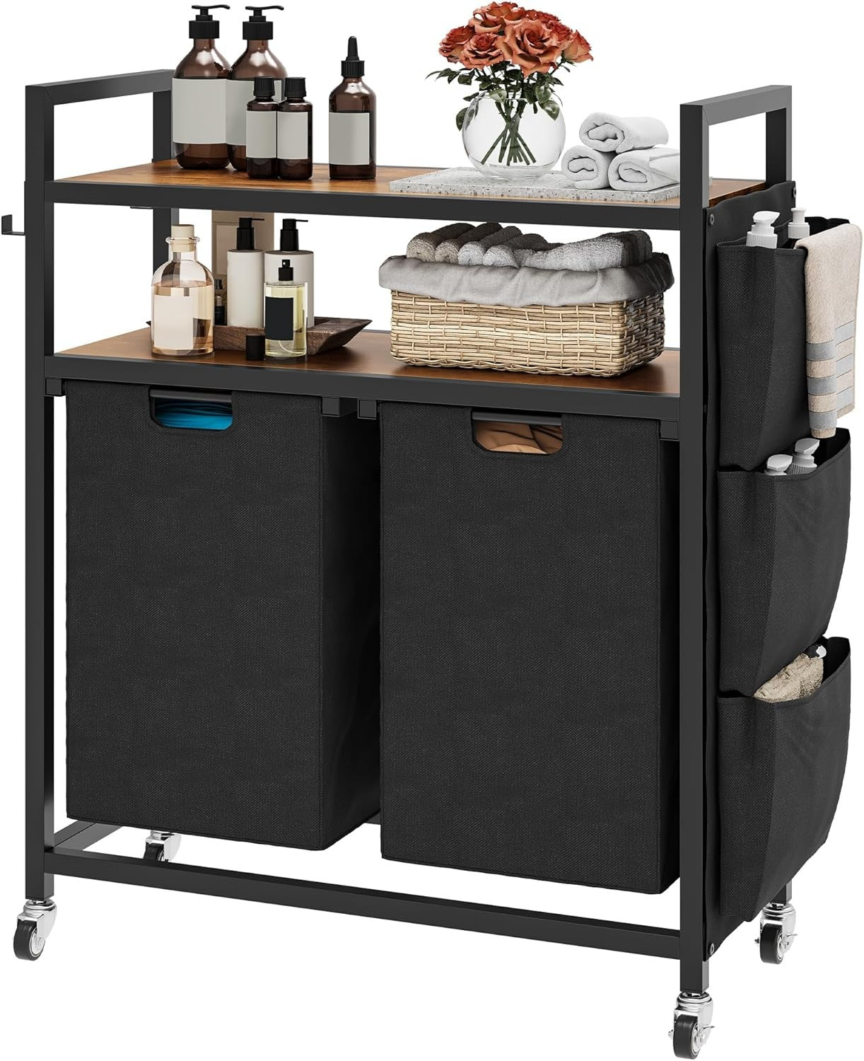 Freestanding Laundry Sorter with Shelves & Wheels | 2 Pull-Out Bags | 71cm Wide