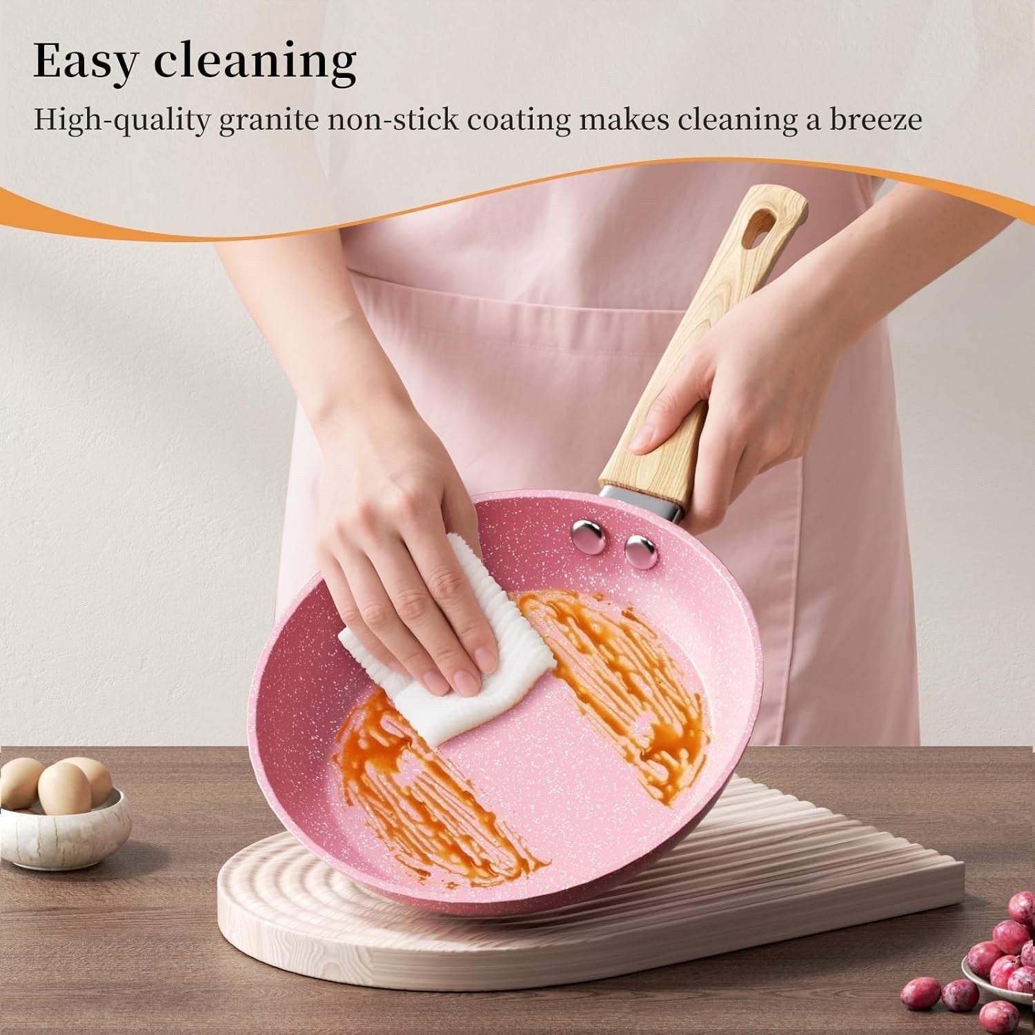 28cm Pink Non Stick Frying Pan Induction Ready Granite Coating PFOA-Free